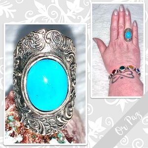 Or Paz Turquoise Large Sterling Silver Artisan Scroll Ring Sz 8 (Turquoise Blue)